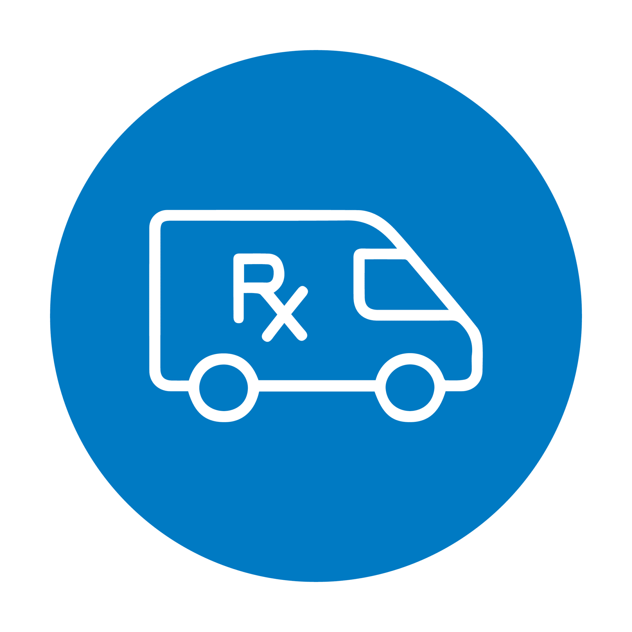 Prescription delivery truck icon on blue background.