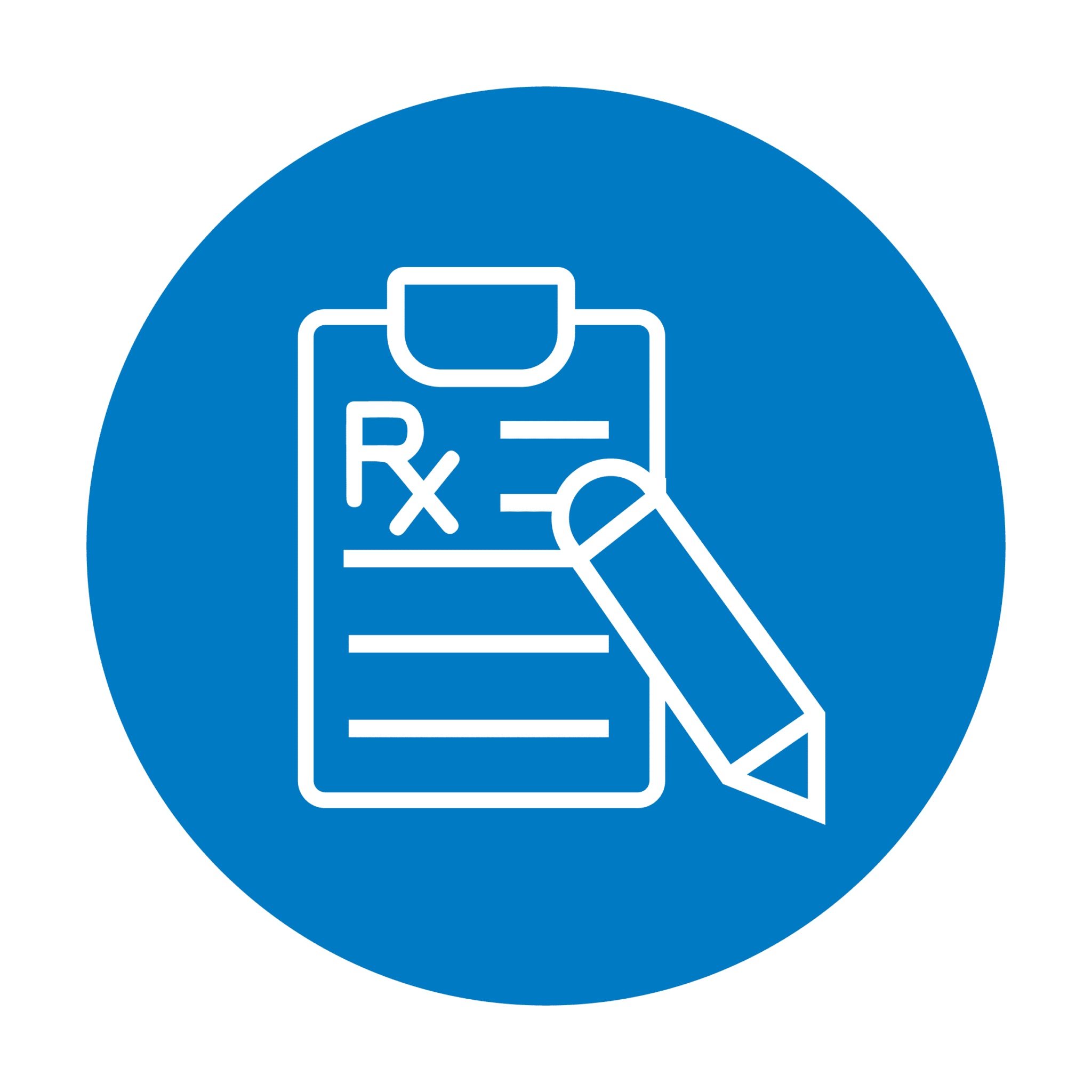 Prescription icon with clipboard and pen.
